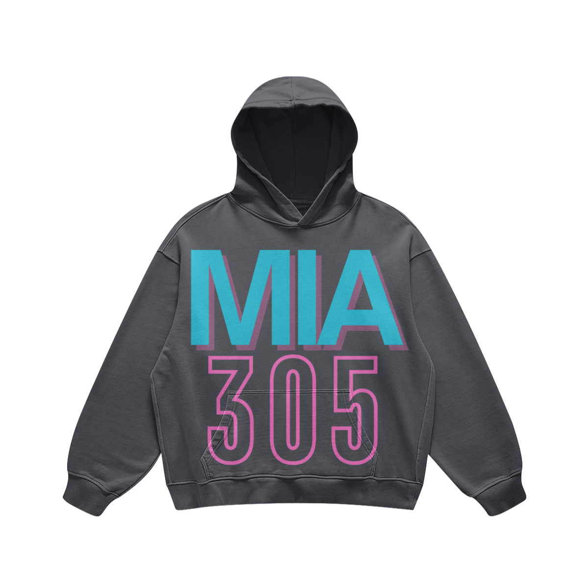 Front view of a washed-black oversized Miami MIA 305 hoodie featuring an aqua and pink graphic.