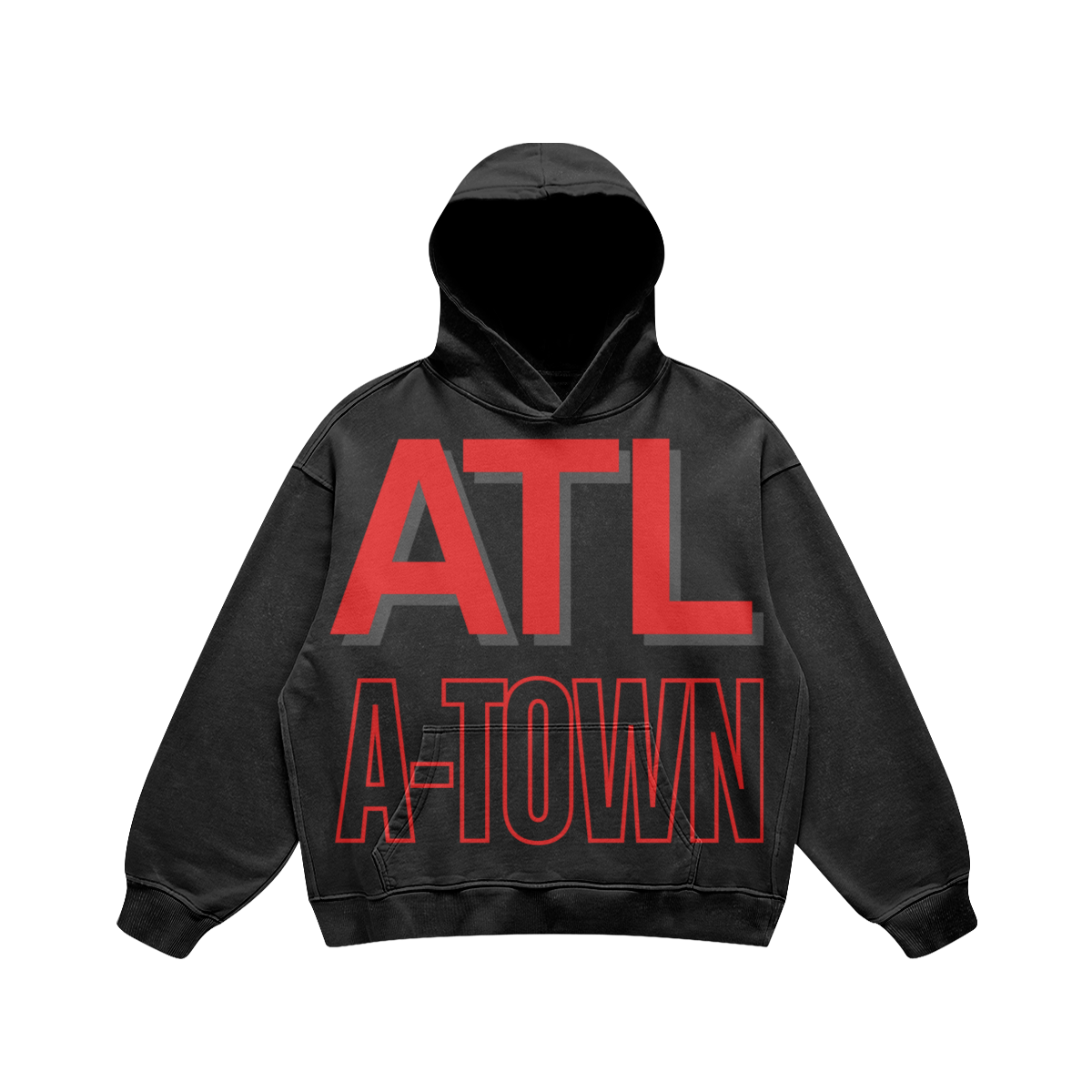 Front view of a washed-black heavyweight oversized hoodie featuring a large red ATL and outlined A-TOWN graphic.