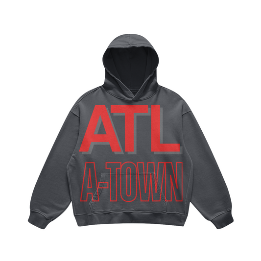 Front view of a washed-charcoal oversized Atlanta hoodie with a red ATL and A-TOWN front design.