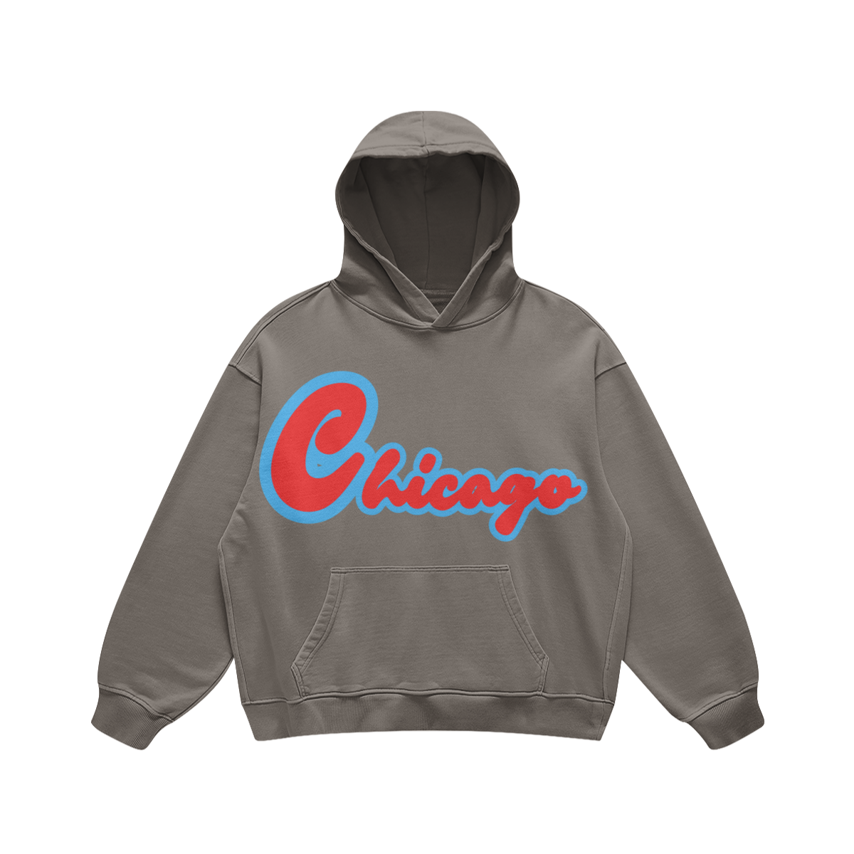Front view of a washed-gray heavyweight oversized Chicago hoodie featuring red script lettering with a light-blue outline.