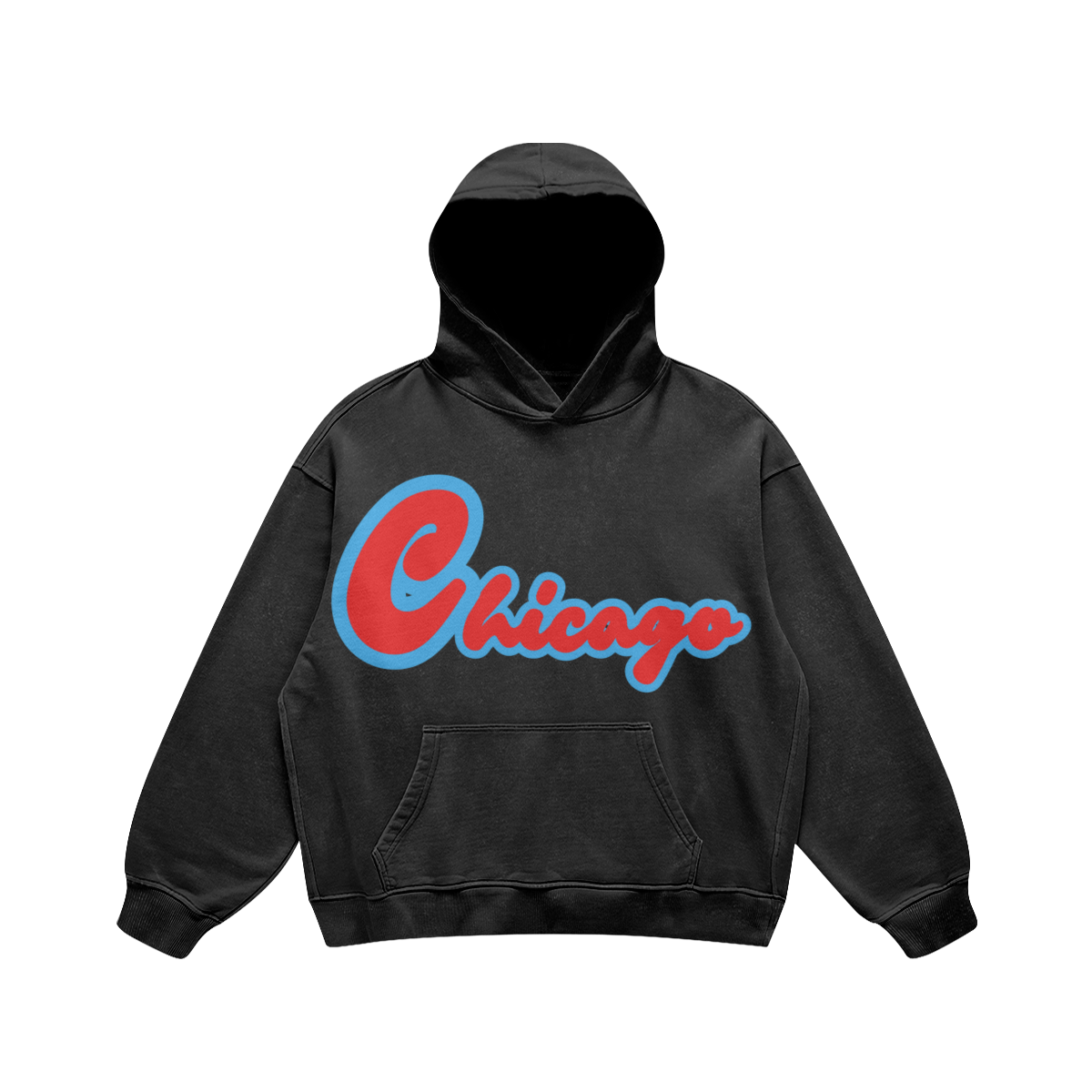 Front view of a washed-black heavyweight oversized hoodie featuring red Chicago script with a bold light-blue outline