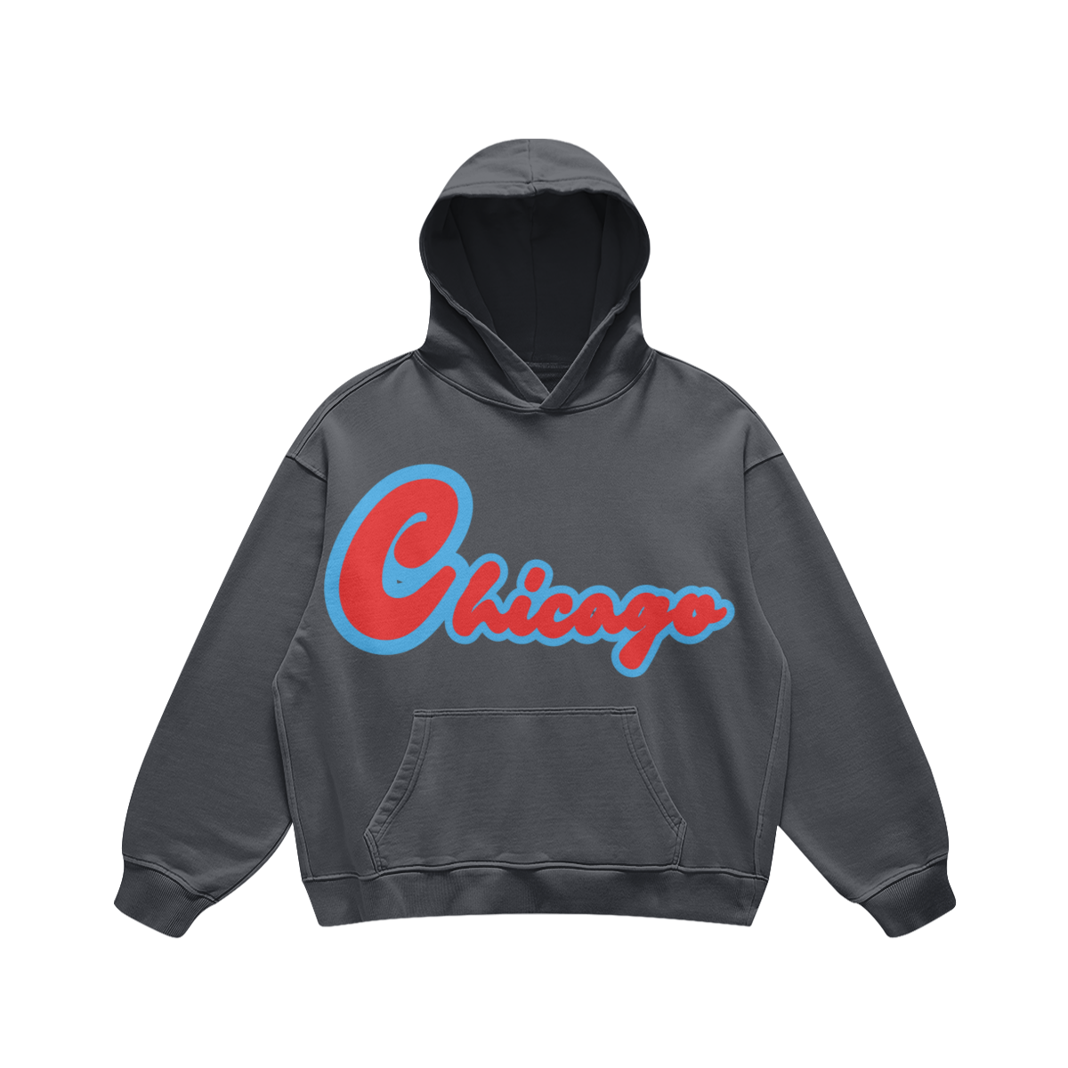 Front view of a washed-charcoal 440 GSM oversized Chicago hoodie with dropped shoulders, a kangaroo pocket, and a red-and-blue graphic.