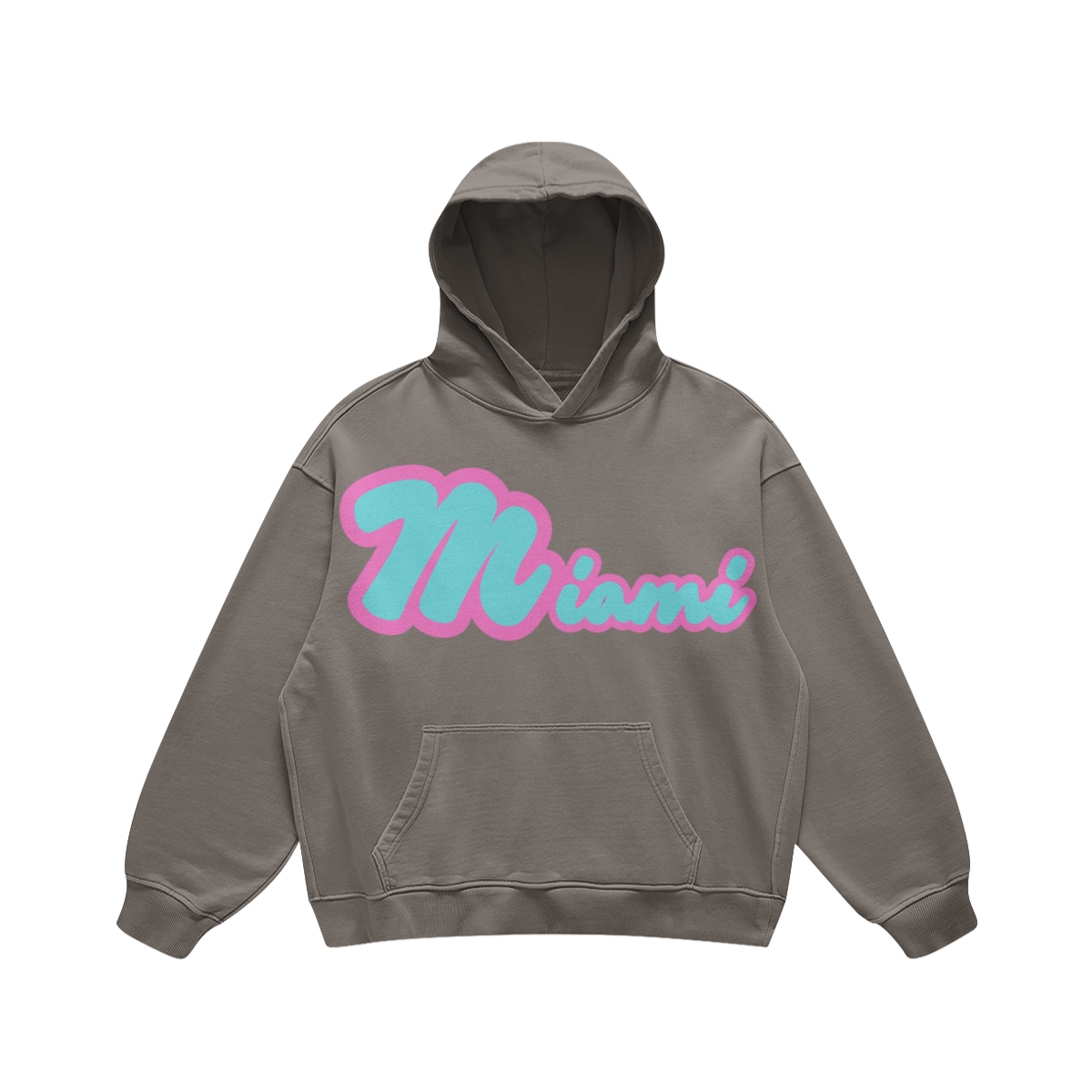 Front view of a washed-gray heavyweight oversized Miami hoodie with a teal-and-pink graphic and roomy kangaroo pocket.