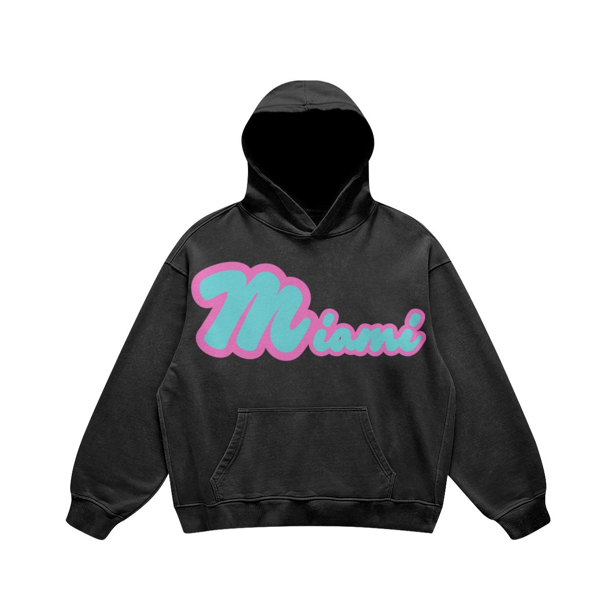 Front view of a washed-black heavyweight oversized hoodie featuring teal Miami script with a bold pink outline.