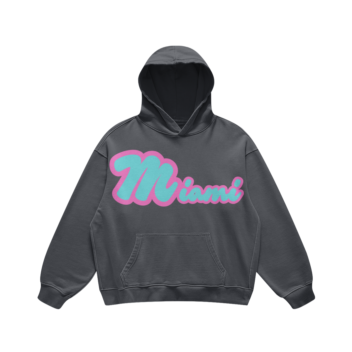 Front view of a washed-charcoal 440 GSM oversized Miami hoodie with dropped shoulders, a kangaroo pocket, and a teal-and-pink graphic.