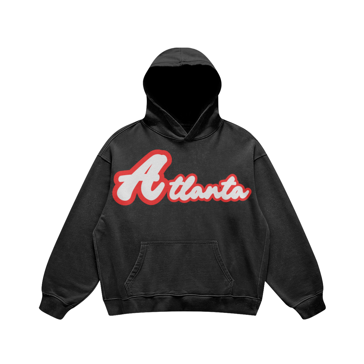 Front view of a washed-black heavyweight oversized hoodie featuring white Atlanta script lettering with a bold red outline.