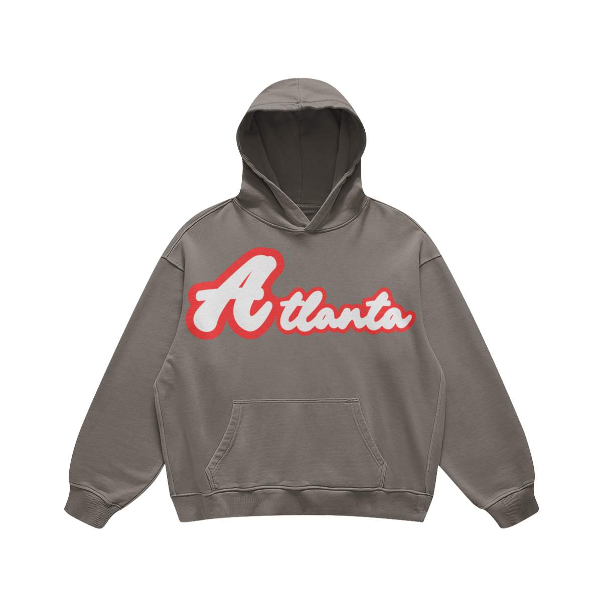 Front view of a washed-gray heavyweight oversized hoodie featuring white Atlanta script lettering with a bold red outline.