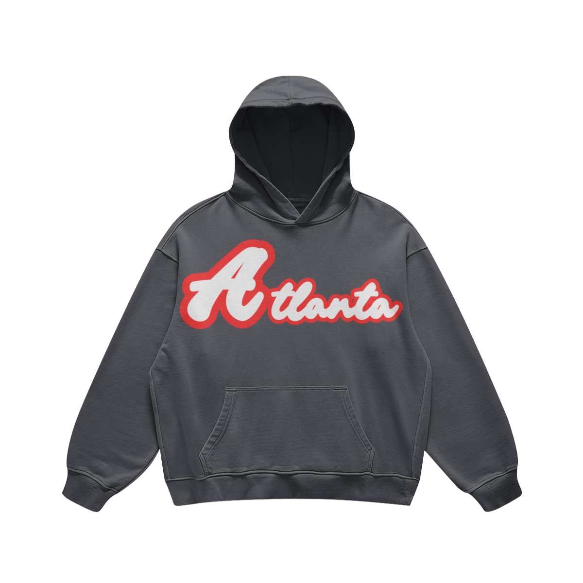 Front view of a washed-charcoal 440 GSM oversized Atlanta hoodie with dropped shoulders, a kangaroo pocket, and a white-and-red graphic.
