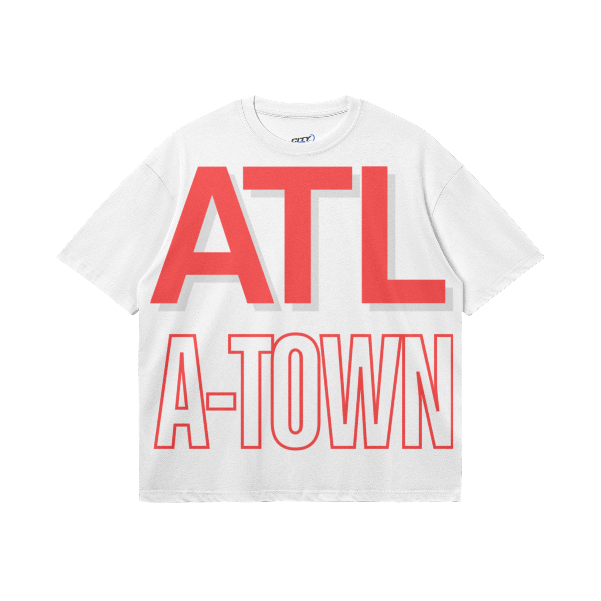 White heavyweight boxy T-shirt featuring oversized red ATL lettering with a gray shadow and an outlined red A-TOWN design.