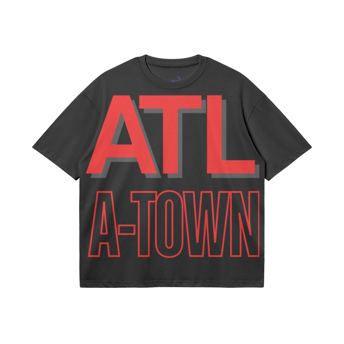 Black heavyweight boxy T-shirt featuring oversized red ATL lettering with a dark gray shadow and an outlined red A-TOWN design.
