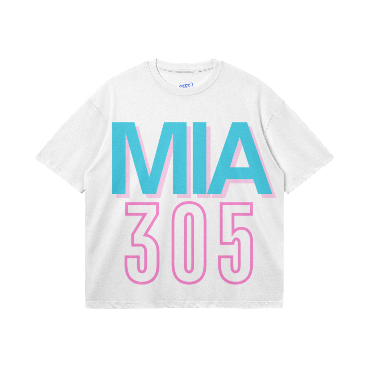 White heavyweight boxy T-shirt featuring oversized teal MIA lettering with a pink shadow and a large hot-pink outlined 305 design.