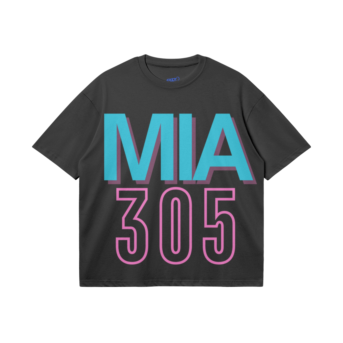 Black heavyweight boxy T-shirt featuring oversized teal MIA lettering with a pink shadow and a large hot-pink outlined 305 design.