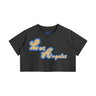 Los Angeles Script women’s crop T-shirt in black with gold and royal blue LA streetwear graphic – front view