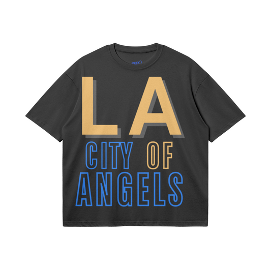 Black heavyweight boxy T-shirt featuring oversized gold LA lettering with a gray shadow and a light-blue and gold CITY OF ANGELS design.