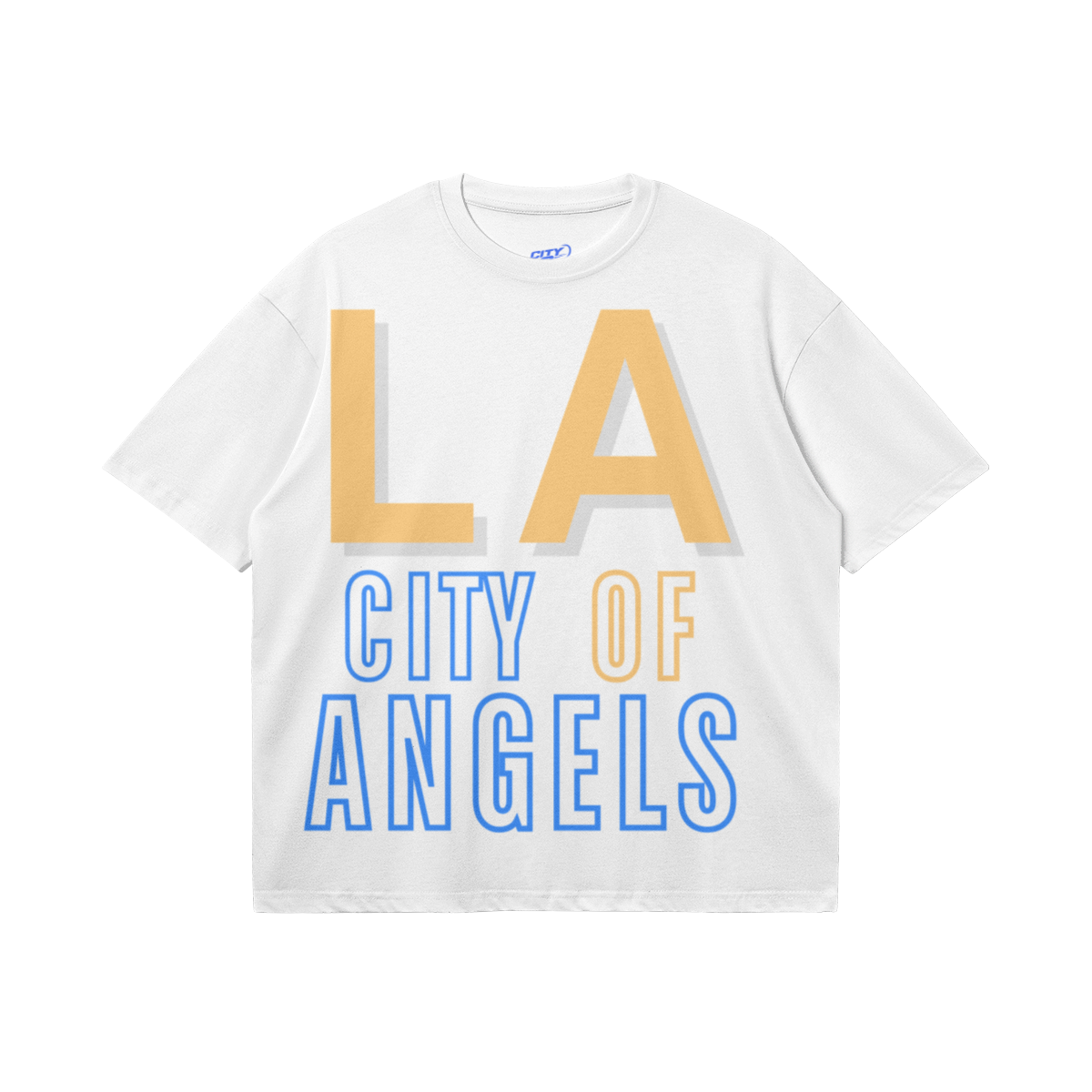 White heavyweight boxy T-shirt featuring oversized gold LA lettering with a gray shadow and a light-blue and gold CITY OF ANGELS design.