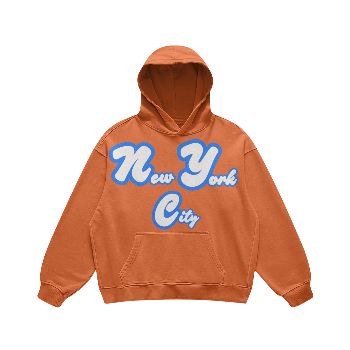 Front view of a washed-charcoal oversized hoodie featuring a white New York City graphic with a royal-blue outline.